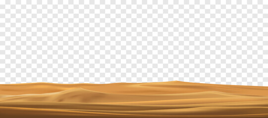 Desert sand landscape isolated on transparent background. Beautiful  realistic beach sand dunes. 3d vector illustration of sandy desert. - obrazy, fototapety, plakaty