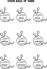 Read names of colors and color ball of yarn. Educational worksheet.