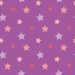 Seamless pattern in dark pink and lilac stars on purple backgound. Vector image.