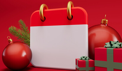Festive blank calendar page. Advent calendar with holiday decorations. 3D Rendering