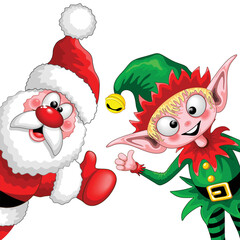 Santa en Elf Happy Christmas stripfiguren duimen omhoog vieren vakantie vectorillustratie geïsoleerd op wit
