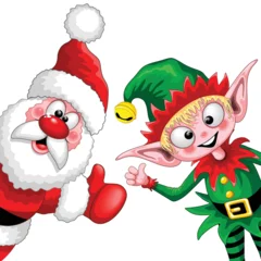 Foto op Plexiglas Draw Santa en Elf Happy Christmas stripfiguren duimen omhoog vieren vakantie vectorillustratie geïsoleerd op wit