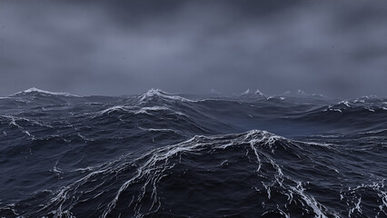 storm at sea. the sea with waves. rough sea in the fog. 3d landscape of a storm at sea in the fog - obrazy, fototapety, plakaty