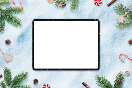 Tablet in snow for app design or copy promotion. Surrounded by Christmas decorations. Top view, flat lay