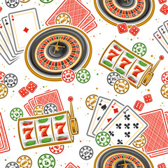 Vector seamless pattern for Casino, square repeating background with illustration of european roulette wheel, colorful casino coins, red gambling cubes on white background, wrapping paper for casino © mihmihmal