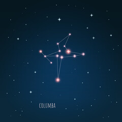 Constellation Columba scheme in starry sky. Open space. Vector illustration Columba constellation  through a telescope. © iryna