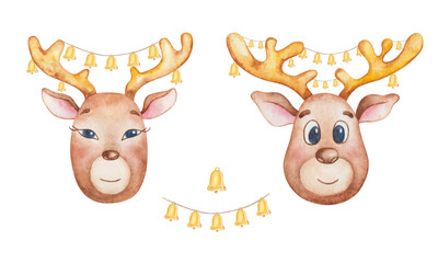 Watercolor illustration of hand painted brown male and female deers, golden yellow jingle bells on horns. Cartoon reindeers. Santa Claus animals. Isolated clip art for New Year prints, Christmas cards