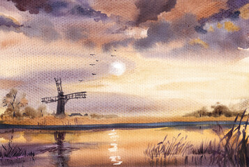 Fototapeta na wymiar Dawn over the river .Illustration of landscape with windmill in watercolor. 