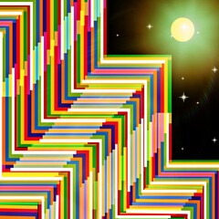 Layout of Colourful Abstract Illustration of night with bottom view building, bright moon and stars in sky