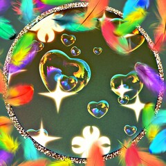 Illustration of decorative Colourful rainbow abstract background with heart shapes and feathers