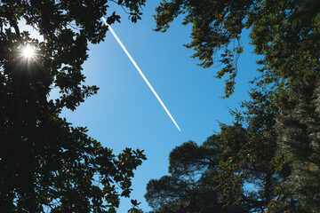 A white trace from the plane against the background of a clear blue sky, similar to a meteorite...