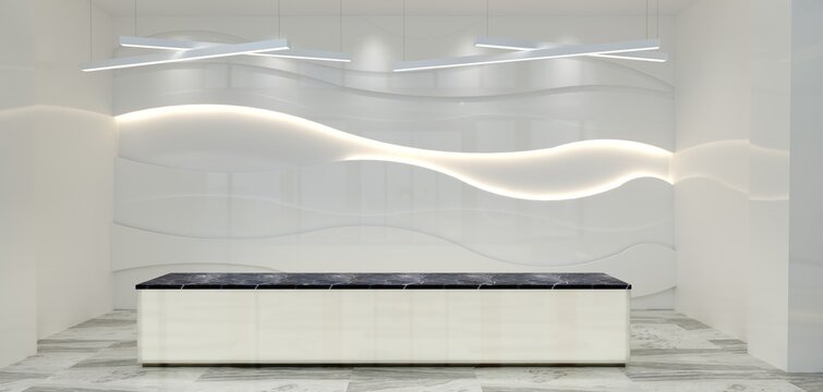 Front view of a white reception desk standing in front of a white office wall. Welcome desk. 3d rendering, mockup.