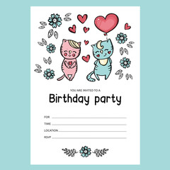 BIRTHDAY PARTY INVITE Confused Cat And Kitten With Balloon And Flowers Text Banner With Date And Time Cartoon Cute Kids Hand Drawn Sketch Vector For Printing