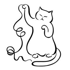 The cat is playing with thread. Funny kitty black and white ink line drawing. Linear drawing. Hand drawn vector image. Calligraphic illustration. Element for design, tattoo.
