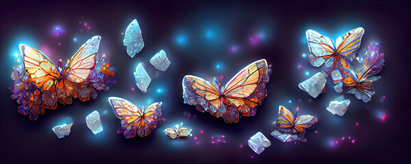 colorful fantasy forest foliage at night, glowing flowers and beautifuly butterflies as magical fairies, bioluminescent fauna as wallpaper background