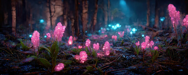 Fototapeta premium colorful fantasy forest foliage at night, glowing flowers and beautifuly butterflies as magical fairies, bioluminescent fauna as wallpaper background