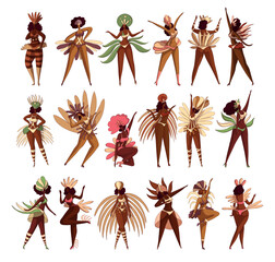 Fototapeta premium Set of beautiful Brazilian girls performing Samba dance at carnival. Young women wearing festival costumes cartoon vector
