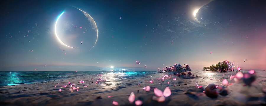 beautiful fantasy colorful ocean beach night landscape as stunning wallpaper background