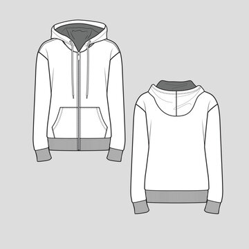 Zipper Hoodie Sweatshirt top drawstring drop shoulder Long Sleeve Ribbed hem cuffs winter fashion Flat Sketch Drawing design Template