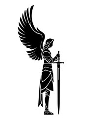 Angel Warrior Stance with Long Sword, Side View Silhouette