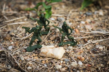 Small tiny toy soldiers on natural ground.