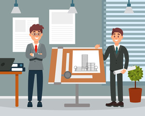 Young Man Architect and Engineer Worker in Suit Showing Project Blueprint Vector Illustration