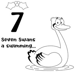 Outlined The 12 Days Of Christmas - 7Th Day - Seven Swans A Swimming. Vector Hand Drawn Illustration Isolated On White Background With Text
