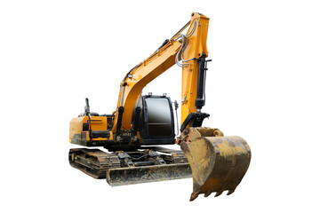 Heavy modern yellow digger excavator isolated on a transparent background.  - obrazy, fototapety, plakaty