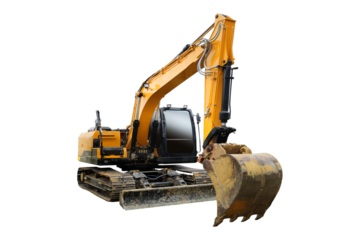 Heavy modern yellow digger excavator isolated on a transparent background. 
