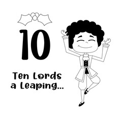 Outlined The 12 Days Of Christmas - 10Th Day - Ten Lords A Leaping. Vector Hand Drawn Illustration Isolated On White Background With Text