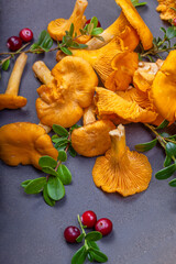 Raw wild mushrooms chanterelles on old wooden background. Vegetarian healthy product. Healthy lifestyle. - 544668138