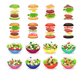 Different Salads in Bowl and Burgers with Ingredients Big Vector Set