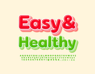 Vector abstract advertisement Easy and Healthy with stylish Font. Green glossy Alphabet Letters, Numbers and Symbols set