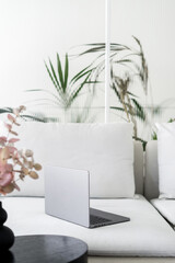 open laptop on sofa in stylish living room