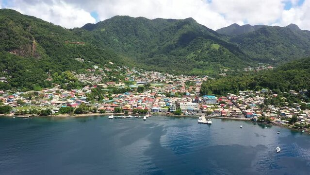 Soufriere, Saint Lucia - 10-16-2022: Aerial clip moving over the village of Soufriere.
