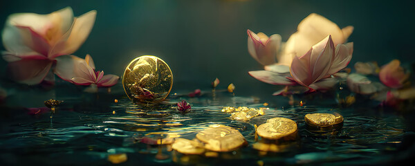 abstract golden flowers and gold coins as wallpaper background - obrazy, fototapety, plakaty