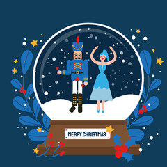 Merry christmas glass ball with Nutcracker and Clara Girl Ballerina at snow. Doll guard. Cute soldier toy. December Ballet party. Creative Merry Xmas invitation. Happy New Year. Winter holidays.