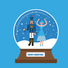 Merry Christmas glass ball with Nutcracker and Clara Girl Ballerina at snow. Doll guard. Cute soldier toy. December Ballet party. Creative Merry Xmas invitation. Happy New Year. Winter holidays