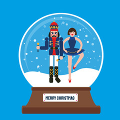 Merry Christmas glass ball with Nutcracker and Clara Girl Ballerina at snow. Doll guard. Cute soldier toy. December Ballet party. Creative Merry Xmas invitation. Happy New Year. Winter holidays