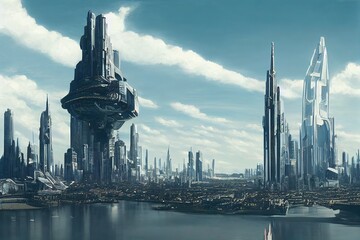 Spaceship cruising over futuristic cityscape