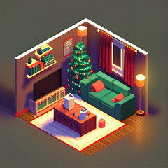 isometric view of a living room with christmas decoration, christmas tree, festive feelings, warm lights
