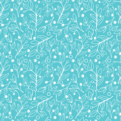 Seamless vector pattern in doodle style. Simple twigs, leaves, branches with berries on a turquoise background. Botany, plants
