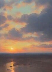 Naklejka na ściany i meble sea, beach, sunset view with dramatic clouds, digital illustration