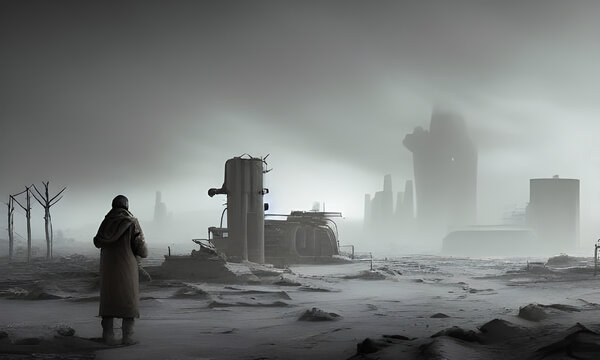 Post-apocalyptic nuclear winter landscape of destroyed city. Illustration, digital matte painting 