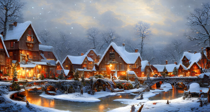 Beautiful Old Christmas Village snow rivers and ponds Illustration background. Digital matte painting
