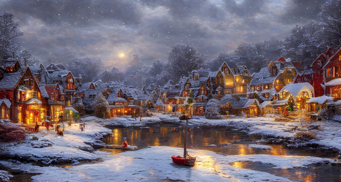 Beautiful Old Christmas Village on the edge of the pond. Illustration background. Digital matte painting