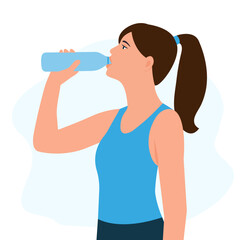 A young woman drinks water from a plastic bottle. Fitness and health.The concept of a healthy lifestyle. Vector illustration in flat style