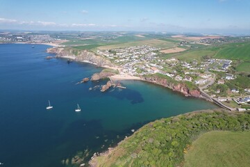 Hope cove small seaside village Devon UK drone aerial view ..