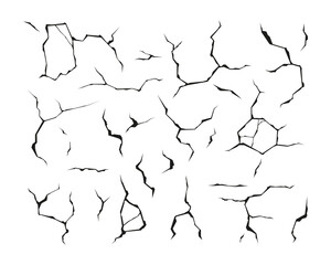 Wall cracks. Earthquake ground split, destruction damage smash crushed landscape surface texture isolated on transparent background. Vector set of destruction surface earthquake