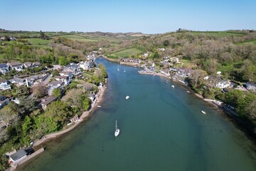 Noss mayo and Newton Ferrers village in south Devon drone aerial view